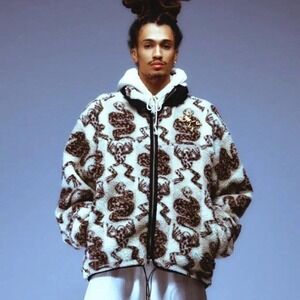 SNS Sneakersnstuff Mens Animal Print Fleece Jacket Zip Up Black Trim Size S